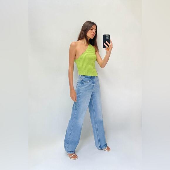 Zara Green ASYMMETRIC RIBBED KNIT TOP Size Medium - Picture 3 of 9